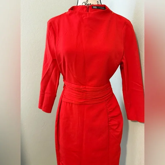 Zara Red Ruched Sheath Dress with Mandarin Collar - Picture 3 of 3